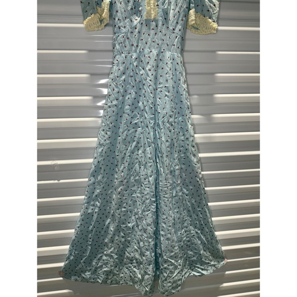 Vintage 1940's Seersucker Rose Floral Maxi Dress Lace Trim Prairie Cottagecore - Picture 3 of 7